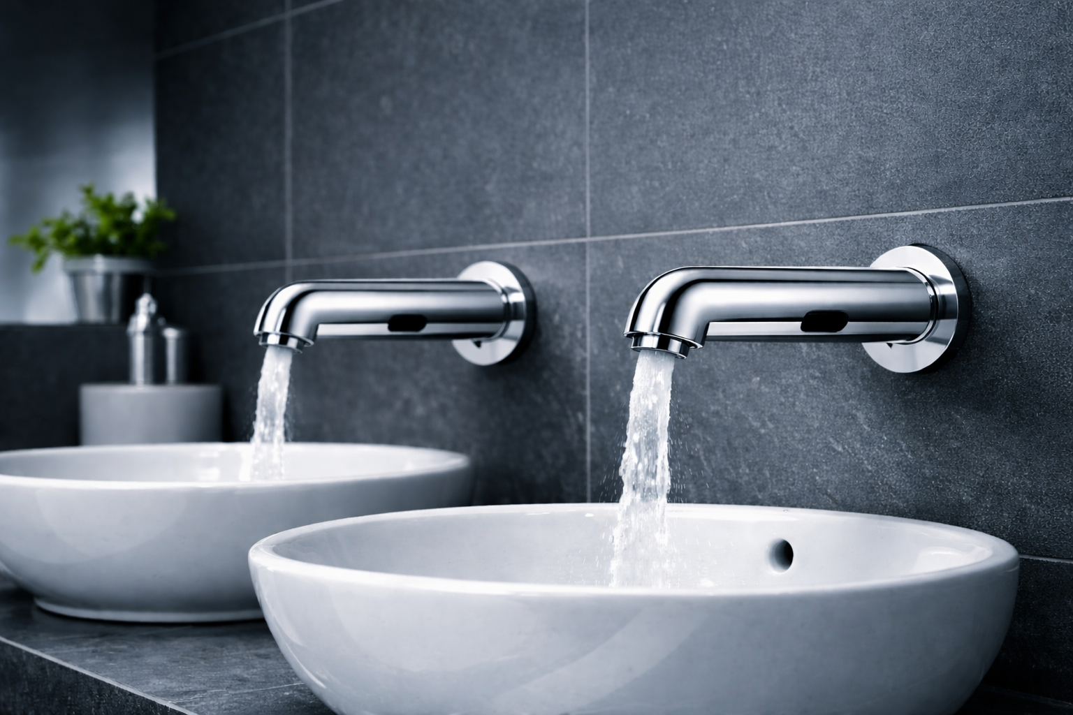 Redundant stable temperature control touchless faucets with thermostatic mixing and setpoint lock